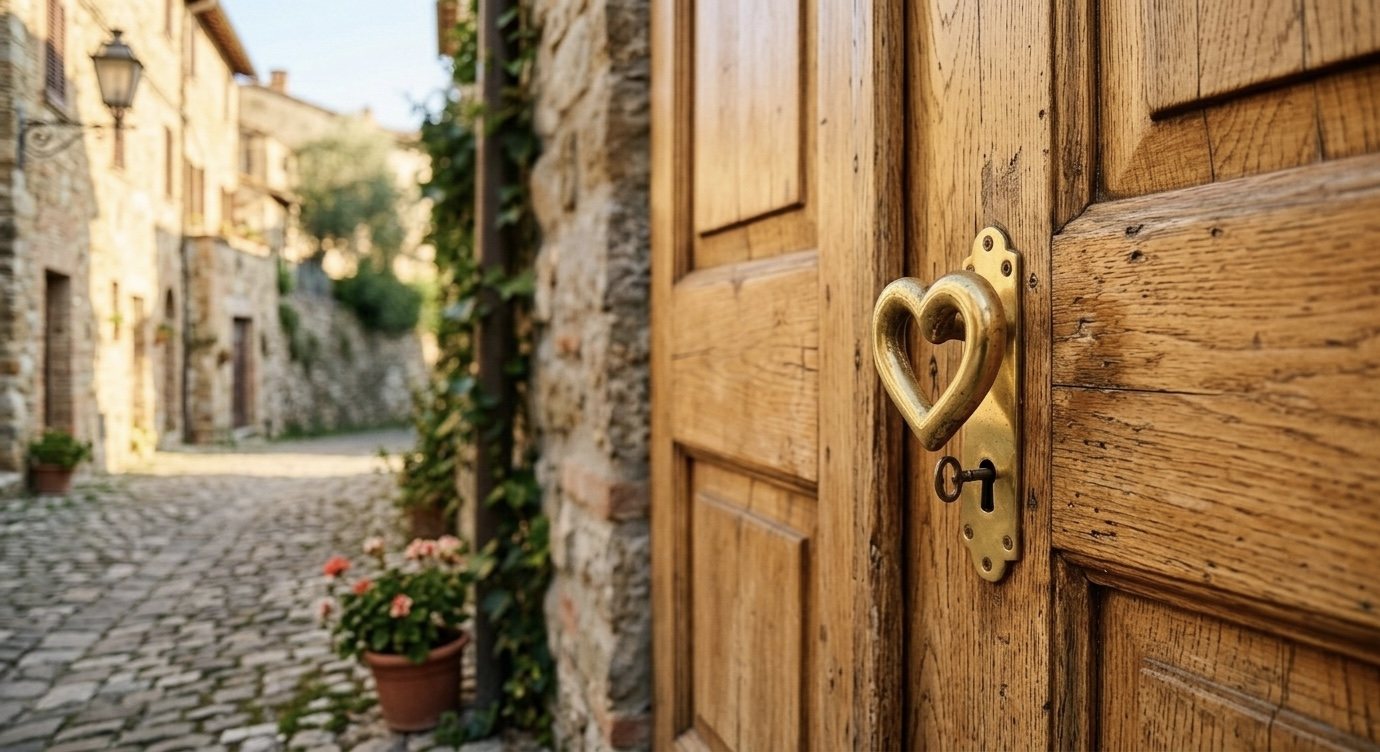 Portone in legno con maniglia in ottone a forma di cuore in una via di pietra